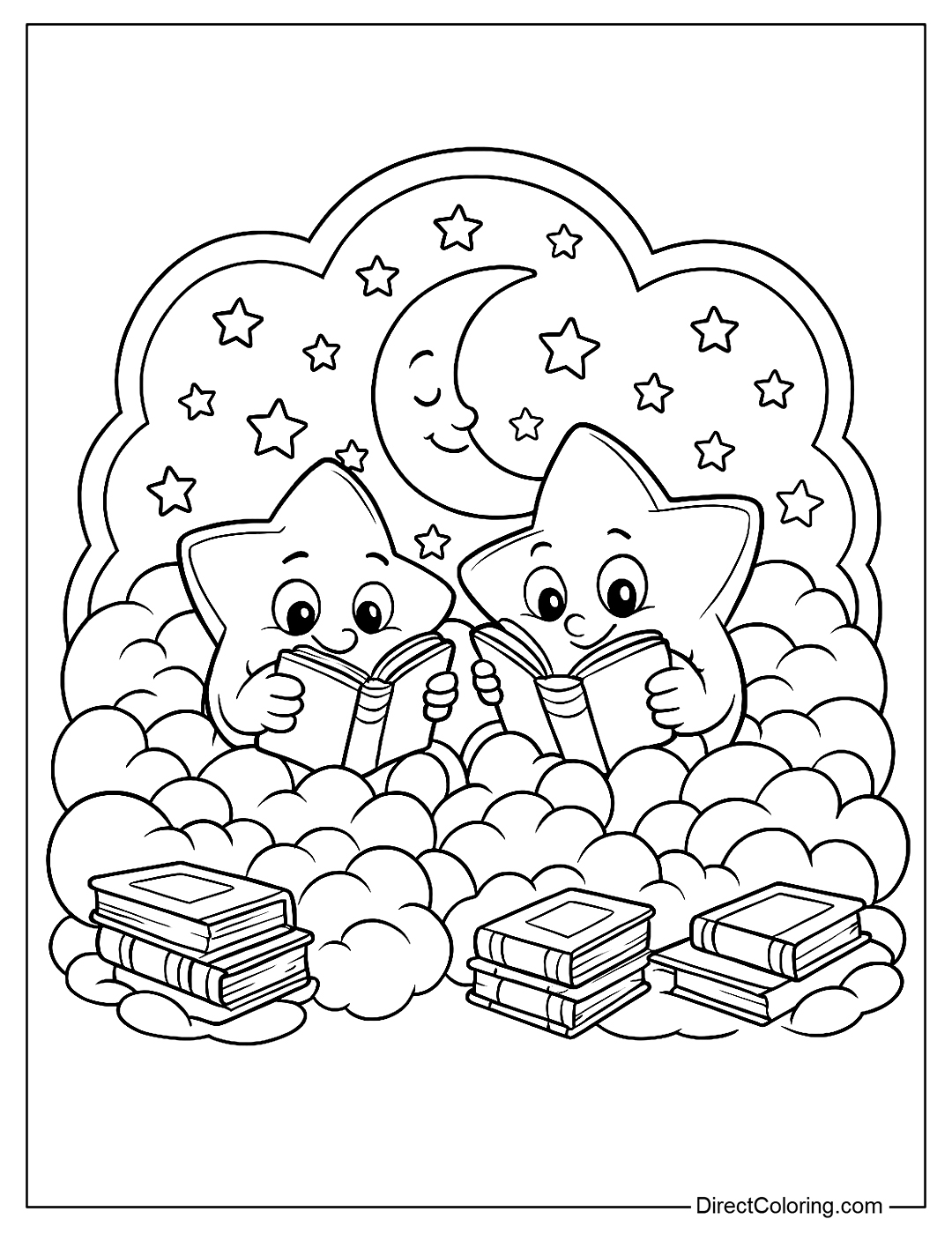 Two cute Stars are reading a book under the moonlight coloring for kids
